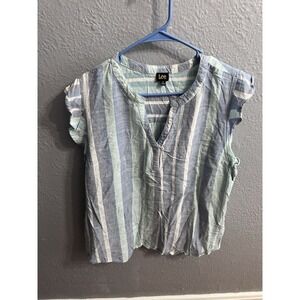 Lee Womans Blouse Blue  Striped Size 1X  Sleeveless V Neck